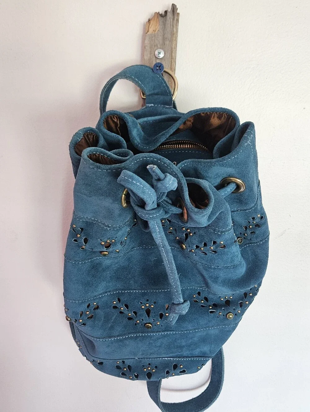 Genuine Leather Teal Suede Drawstring Backpack Tote Bag Made In Irland
